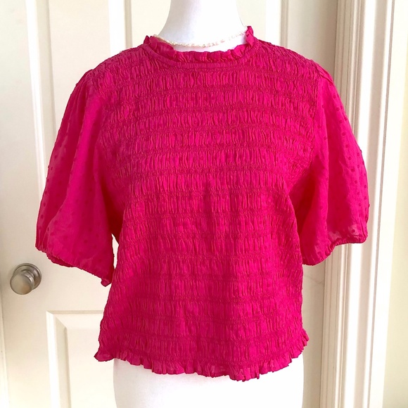 J. Crew Tops - J. Crew Magenta Pink Short Puff Sleeve Voile Smocked Top w Swiss Dot (XL) - NWOT